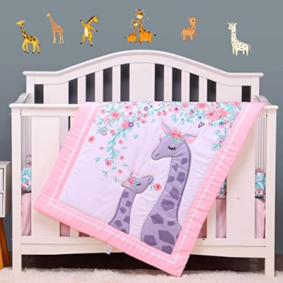 Product: Baby Bees 4 Pieces Giraffe's Family Crib Bedding Sets for Boys and Girl | Baby Bedding Set of 2 Crib Sheets, Quilt, Dust Ruffle for Standard Size Crib