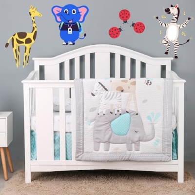 Product: Baby Bees Animals 4 Pieces Crib Bedding Sets for Boys and Girls | Baby Bedding Crib Set of Sheet, Quilt, Dust Ruffle & Wall Decal Set for Standard Size
