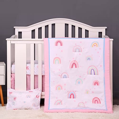Product: Baby Bees Rainbows 4 Pieces Crib Bedding Sets for Boys & Girls | Baby Bedding Set of Crib Sheet, Quilt, Dust Ruffle for Standard Size Crib