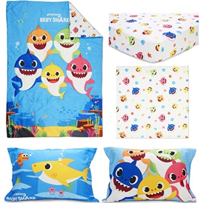Baby Shark Toddler Bed Set, Reversible Comforter, Matching Sheets, Pillowcase, Boys Girls Nursery Bedding, 58x42 in এই 13 Product: Baby Shark 4-Piece Toddler Bed Set including Super Soft Matching Sheets Set, Pillowcase, and Reversable Comforter For Boys and Girls - (Offical Product)