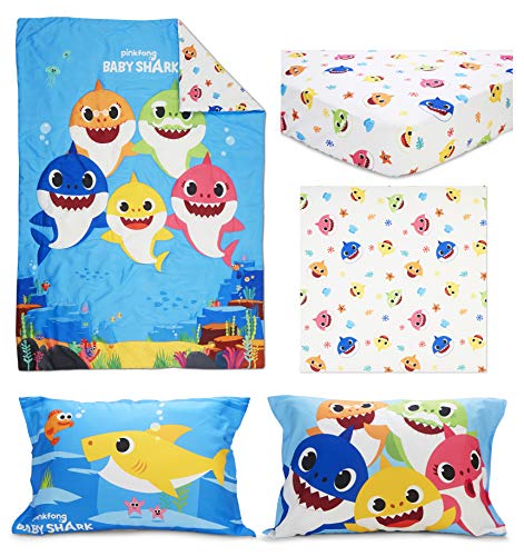 Baby Shark Toddler Bed Set, Reversible Comforter, Matching Sheets, Pillowcase, Boys Girls Nursery Bedding, 58x42 in এই 6 Product: Baby Shark 4-Piece Toddler Bed Set including Super Soft Matching Sheets Set, Pillowcase, and Reversable Comforter For Boys and Girls - (Offical Product)