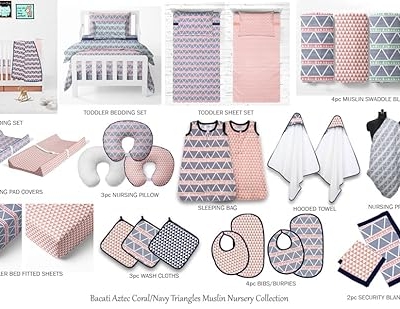 Bacati Girls Triangles Coral Navy Crib Bedding Set, 10 Piece Nursery Set, 4 Swaddling Blankets, 100% Muslin Percale 10 Piece 15 Product: Bacati - Girls Triangles Coral Navy 10 Piece Crib Bedding Set with 4 Swaddling Blankets
