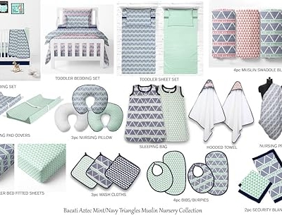 Bacati Girls Triangles Mint Navy 10 Piece Crib Bedding Set, 4 Muslin Swaddling Blankets, Nursery Bedding Set 10 Piece 15 Product: Bacati - Girls Triangles Mint Navy 10 Piece Crib Bedding Set with 4 Swaddling Blankets