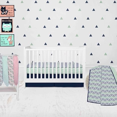 Product: Bacati - Girls Triangles Mint Navy 10 Piece Crib Bedding Set with 4 Swaddling Blankets