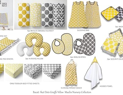 Product: Bacati - Ikat Dots Giraffe Yellow Gray Muslin 10 Piece Crib Set with 3 Wall hangings & 4 Muslin Swaddles