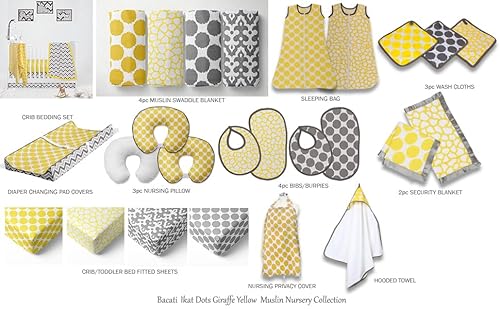 Product: Bacati - Ikat Dots Giraffe Yellow Gray Muslin 10 Piece Crib Set with 3 Wall hangings & 4 Muslin Swaddles