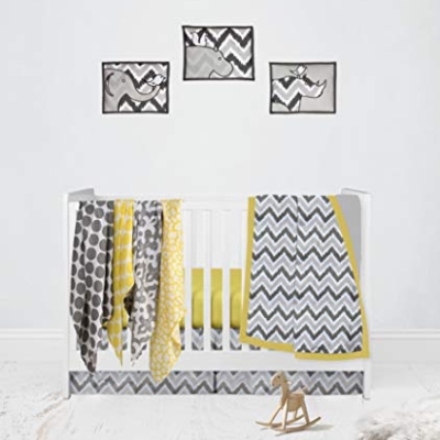 Product: Bacati - Ikat Dots Giraffe Yellow Gray Muslin 10 Piece Crib Set with 3 Wall hangings & 4 Muslin Swaddles