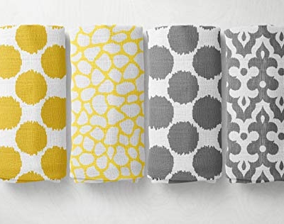 Product: Bacati - Ikat Dots Giraffe Yellow Gray Muslin 10 Piece Crib Set with 3 Wall hangings & 4 Muslin Swaddles