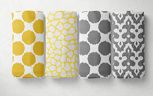 Product: Bacati - Ikat Dots Giraffe Yellow Gray Muslin 10 Piece Crib Set with 3 Wall hangings & 4 Muslin Swaddles