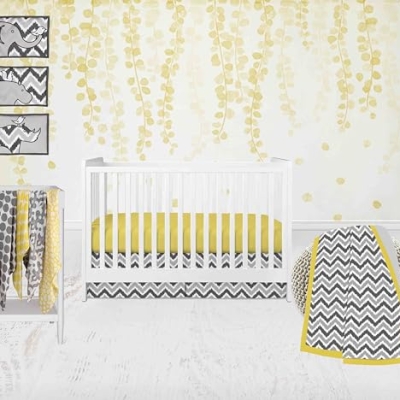 Product: Bacati - Ikat Dots Giraffe Yellow Gray Muslin 10 Piece Crib Set with 3 Wall hangings & 4 Muslin Swaddles