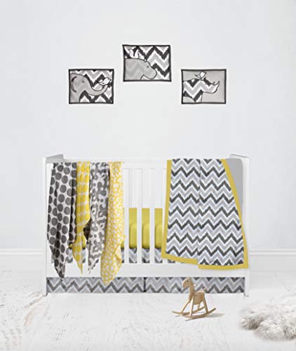 Product: Bacati - Ikat Dots Giraffe Yellow Gray Muslin 10 Piece Crib Set with 3 Wall hangings & 4 Muslin Swaddles