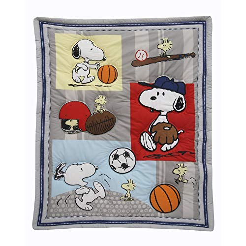 Bedtime Originals Snoopy Sports Blue Crib Bedding Set, 3 Piece Nursery Set, 35 x 44in Quilt, 10in Skirt, Standard Crib Sheet 1 Product: Bedtime Originals 3 Piece Snoopy Sports Bedding Set Blue