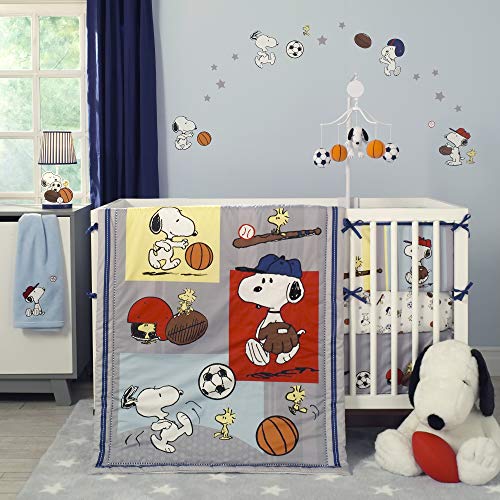 Bedtime Originals 3 Piece Snoopy Sports Bedding Set Blue - Crib Bedding Sets Product: Bedtime Originals 3 Piece Snoopy Sports Bedding Set Blue