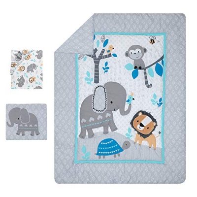 Jungle Fun Baby Crib Bedding Set, 3 Piece Blue Gray Quilt Fitted Sheet Skirt, Animal Nursery Bedding, 3 Piece Set 6 Product: Bedtime Originals Jungle Fun 3-Piece Crib Bedding Set, Blue/Gray(Pack of 1)