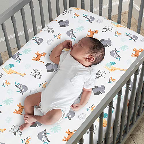 Safari Friends Crib Bedding Set, Jungle Animals 3 Piece Quilt Sheet Skirt, Gender Neutral Nursery 51in x 27in 5 Product: Bedtime Originals Mighty Jungle 3Piece Crib Bedding Set, Multicolor (283003V)
