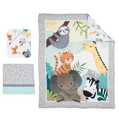 Safari Friends Crib Bedding Set, Jungle Animals 3 Piece Quilt Sheet Skirt, Gender Neutral Nursery 51in x 27in 10 Product: Bedtime Originals Mighty Jungle 3Piece Crib Bedding Set, Multicolor (283003V)