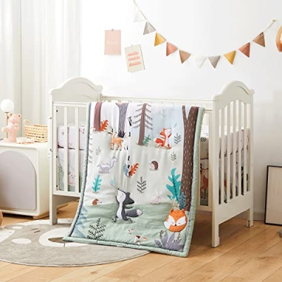 Woodland Floral Crib Bedding Set, 3 Piece Microfiber Nursery Bundle, Comforter Skirt Fitted Sheet, 28x52in 13 Product: beeweed 3-Piece Crib Bedding Set for Boys Girls, Soft Baby Bedding Set Including Blanket, Crib Skirt & Crib Sheets, Woodland Animal Nursery Bedding Set