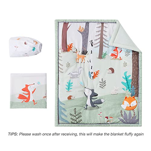 Woodland Floral Crib Bedding Set, 3 Piece Microfiber Nursery Bundle, Comforter Skirt Fitted Sheet, 28x52in 1 Product: beeweed 3-Piece Crib Bedding Set for Boys Girls, Soft Baby Bedding Set Including Blanket, Crib Skirt & Crib Sheets, Woodland Animal Nursery Bedding Set