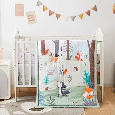 Product: beeweed 3-Piece Crib Bedding Set for Boys Girls, Soft Baby Bedding Set Including Blanket, Crib Skirt & Crib Sheets, Woodland Animal Nursery Bedding Set