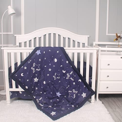 Navy Starry Night 3 Piece Crib Bedding Set, Cozy Comforter Fitted Sheet Crib Skirt, 3 Piece Crib Set 28x52in 12 Product: Belsden 3 Piece Crib Bedding Set for Baby Boys Girls, Classic Nursery Bedding Essential Including Comforter, Crib Sheet and Crib Skirt, Ultra Soft Cozy, Star Navy