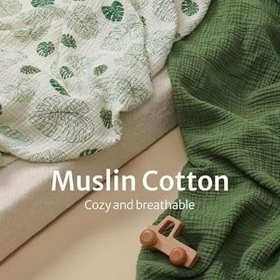 Muslin Cotton Crib Sheets, Breathable Baby Nursery Bedding 2 Pack, Boho Woodland Patterns, 28x52in 14 Product: Blissful Diary Muslin Crib Sheets for Girl Boy, Boho Neutral Soft Cotton Baby Sheet for 52''x28'' Standard Crib Mattress, 2 Pack(Monstera&Dark Green)