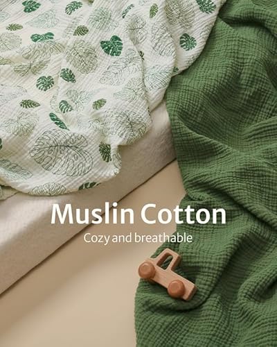Muslin Cotton Crib Sheets, Breathable Baby Nursery Bedding 2 Pack, Boho Woodland Patterns, 28x52in 6 Product: Blissful Diary Muslin Crib Sheets for Girl Boy, Boho Neutral Soft Cotton Baby Sheet for 52''x28'' Standard Crib Mattress, 2 Pack(Monstera&Dark Green)