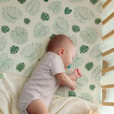 Muslin Cotton Crib Sheets, Breathable Baby Nursery Bedding 2 Pack, Boho Woodland Patterns, 28x52in 10 Product: Blissful Diary Muslin Crib Sheets for Girl Boy, Boho Neutral Soft Cotton Baby Sheet for 52''x28'' Standard Crib Mattress, 2 Pack(Monstera&Dark Green)