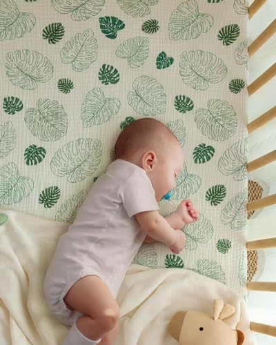 Muslin Cotton Crib Sheets, Breathable Baby Nursery Bedding 2 Pack, Boho Woodland Patterns, 28x52in 2 Product: Blissful Diary Muslin Crib Sheets for Girl Boy, Boho Neutral Soft Cotton Baby Sheet for 52''x28'' Standard Crib Mattress, 2 Pack(Monstera&Dark Green)
