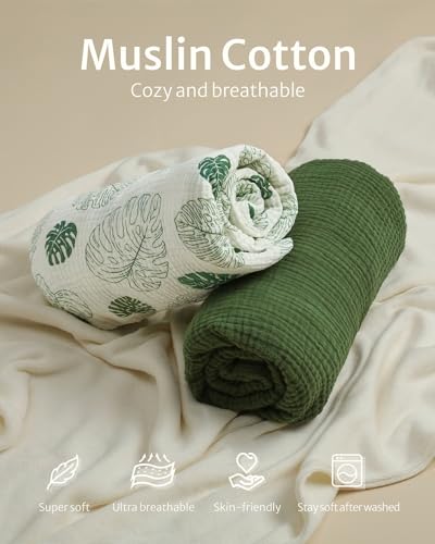 Muslin Cotton Crib Sheets, Breathable Baby Nursery Bedding 2 Pack, Boho Woodland Patterns, 28x52in 1 Product: Blissful Diary Muslin Crib Sheets for Girl Boy, Boho Neutral Soft Cotton Baby Sheet for 52''x28'' Standard Crib Mattress, 2 Pack(Monstera&Dark Green)