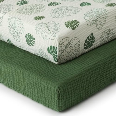 Product: Blissful Diary Muslin Crib Sheets for Girl Boy, Boho Neutral Soft Cotton Baby Sheet for 52''x28'' Standard Crib Mattress, 2 Pack(Monstera&Dark Green)