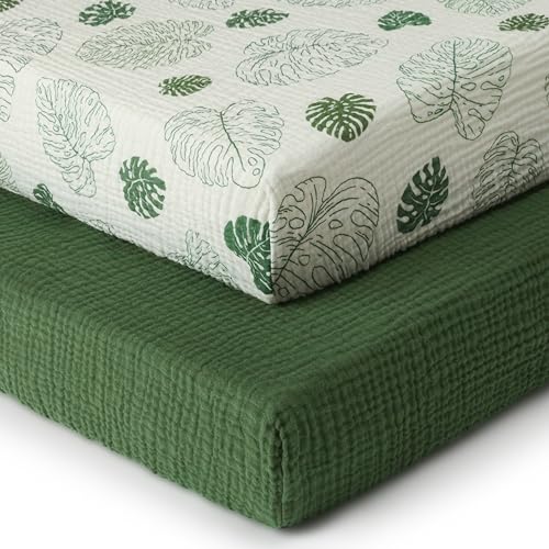 Blissful Diary Muslin Crib Sheets for Girl Boy, Boho Neutral Soft Cotton Baby Sheet for 52''x28'' Standard Crib Mattress, 2 Pack(Monstera&Dark Green) - Crib Bedding Sets Product: Blissful Diary Muslin Crib Sheets for Girl Boy, Boho Neutral Soft Cotton Baby Sheet for 52''x28'' Standard Crib Mattress, 2 Pack(Monstera&Dark Green)