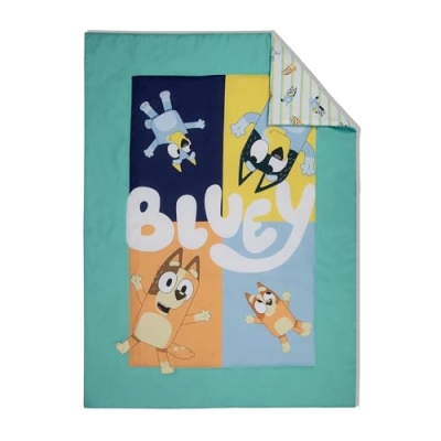 Bluey Toddler Bed Set, 4 Piece Comforter Sheets Reversible Pillowcase, Boys Girls, 58in x 42in 8 Product: Bluey 4 Piece Toddler Bedding Set – Includes Comforter, Sheet Set – Fitted Top Sheet Reversible Pillowcase for Boys or Girls Bed, Blue