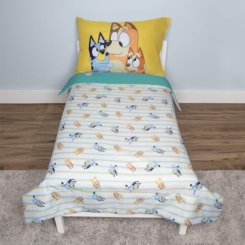 Bluey Toddler Bed Set, 4 Piece Comforter Sheets Reversible Pillowcase, Boys Girls, 58in x 42in 1 Product: Bluey 4 Piece Toddler Bedding Set – Includes Comforter, Sheet Set – Fitted Top Sheet Reversible Pillowcase for Boys or Girls Bed, Blue