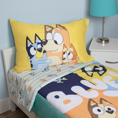 Bluey Toddler Bed Set, 4 Piece Comforter Sheets Reversible Pillowcase, Boys Girls, 58in x 42in 5 Product: Bluey 4 Piece Toddler Bedding Set – Includes Comforter, Sheet Set – Fitted Top Sheet Reversible Pillowcase for Boys or Girls Bed, Blue