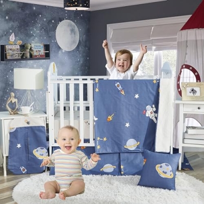 Product: Brandream 100% Cotton Crib Bedding Set for Baby Boys Space Nursery Collections 6 Pieces Astronaut's Journey to The Stars Adventurous Theme with Rocket Planet Blue Multi-Color