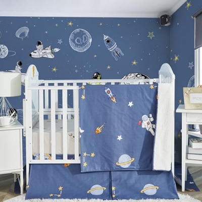 Product: Brandream 100% Cotton Crib Bedding Set for Baby Boys Space Nursery Collections 6 Pieces Astronaut's Journey to The Stars Adventurous Theme with Rocket Planet Blue Multi-Color