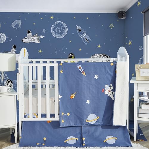 Product: Brandream 100% Cotton Crib Bedding Set for Baby Boys Space Nursery Collections 6 Pieces Astronaut's Journey to The Stars Adventurous Theme with Rocket Planet Blue Multi-Color