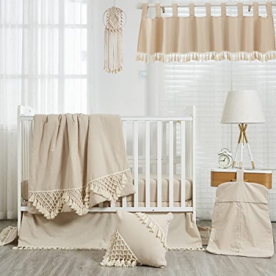 Boho Nursery Crib Bedding Set, Gender Neutral Beige White Cotton, 12 Piece Baby Bedding, 20.5cm 17 Product: Brandream 12PCS Gender Neutral Boho Bohemian Baby Girl Boy Nursery Crib Bedding Set Solid Beige and White Farmhouse Chic Unisex Minimalist Tassel Fringe Macrame Cozy 100% Washed Cotton