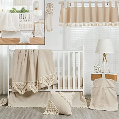 Product: Brandream 12PCS Gender Neutral Boho Bohemian Baby Girl Boy Nursery Crib Bedding Set Solid Beige and White Farmhouse Chic Unisex Minimalist Tassel Fringe Macrame Cozy 100% Washed Cotton