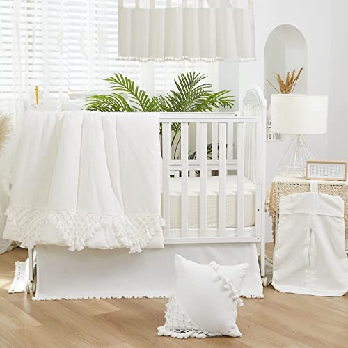 Boho Nursery Crib Bedding Set, Gender Neutral Beige White Cotton, 12 Piece Baby Bedding, 20.5cm 1 Product: Brandream 12PCS Gender Neutral Boho Bohemian Baby Girl Boy Nursery Crib Bedding Set Solid Beige and White Farmhouse Chic Unisex Minimalist Tassel Fringe Macrame Cozy 100% Washed Cotton