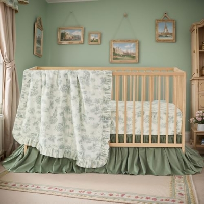 Vintage French Country Toile Crib Bedding Set, 100% Cotton Floral Nursery, Ruffled Comforter Fitted Sheet Skirt, 2 Pack, 32.5cm 14 Product: Brandream 2 Packs Crib Bedding Set 100% Cotton Vintage French Country Toile Floral Print Nursery Bedding Collection