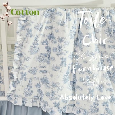 Vintage French Country Toile Crib Bedding Set, 100% Cotton Floral Nursery, Ruffled Comforter Fitted Sheet Skirt, 2 Pack, 32.5cm 12 Product: Brandream 2 Packs Crib Bedding Set 100% Cotton Vintage French Country Toile Floral Print Nursery Bedding Collection