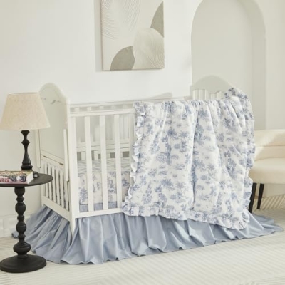 Vintage French Country Toile Crib Bedding Set, 100% Cotton Floral Nursery, Ruffled Comforter Fitted Sheet Skirt, 2 Pack, 32.5cm 10 Product: Brandream 2 Packs Crib Bedding Set 100% Cotton Vintage French Country Toile Floral Print Nursery Bedding Collection