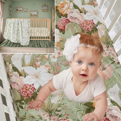 Product: Brandream 4-Piece Crib Bed Sheet & Crib Bedding Set 100% Cotton Lilium Rose Floral French Country Toile Crib Bedding Set