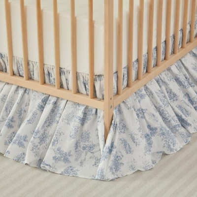 Product: Brandream 4-Piece Crib Bed Skirt & Crib Bedding Set 100% Cotton French Country Toile Boho Bohemian Neutral Blue Farmhouse Chic Ruffles Skirt