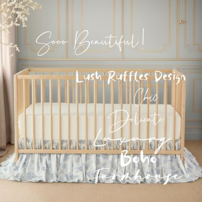 Product: Brandream 4-Piece Crib Bed Skirt & Crib Bedding Set 100% Cotton French Country Toile Boho Bohemian Neutral Blue Farmhouse Chic Ruffles Skirt