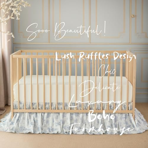 Product: Brandream 4-Piece Crib Bed Skirt & Crib Bedding Set 100% Cotton French Country Toile Boho Bohemian Neutral Blue Farmhouse Chic Ruffles Skirt