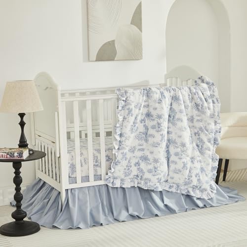 Product: Brandream 4-Piece Crib Bed Skirt & Crib Bedding Set 100% Cotton French Country Toile Boho Bohemian Neutral Blue Farmhouse Chic Ruffles Skirt