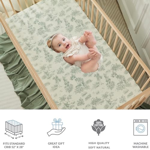 Product: Brandream 4-Piece Crib Bed Skirt & Crib Bedding Set 100% Cotton French Country Toile Crib Bedding Set Vintage Green Toile Floral Print