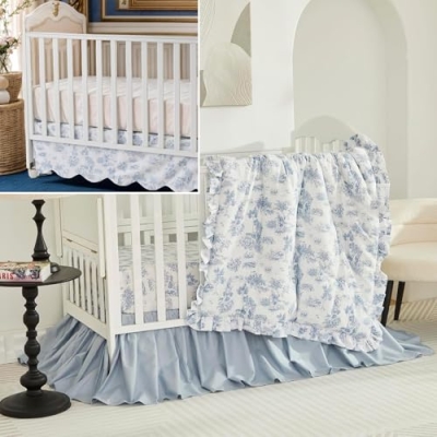 Product: Brandream 4-Piece Crib Bed Skirt & Crib Bedding Set 100% Cotton French Country Toile Floral Print Farmhouse Chic Nursery Crib Bed Skirt